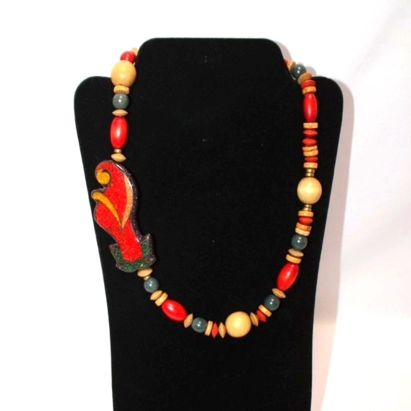 Eve Lynn Calla Lily Red, Green and Tan Wood Bead Necklace - Picture 1 of 10